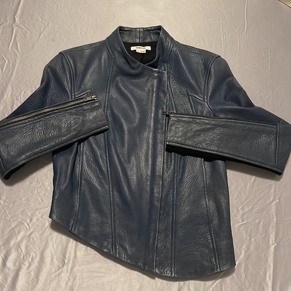 HELMUT LANG blue asymmetrical lamb skin cropped leather jacket with zipper - Picture 9 of 11